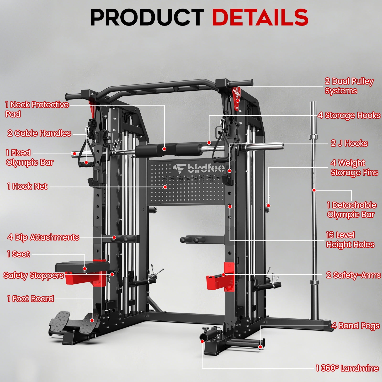 Multi-Function 2900LB All-In-One Smith Machine Power Cage Home Gym Squat Rack Total Body Strength Training Cage Featuring LAT Pulldown, Dual Pulley Cable Crossover With Strength Training Attachments,