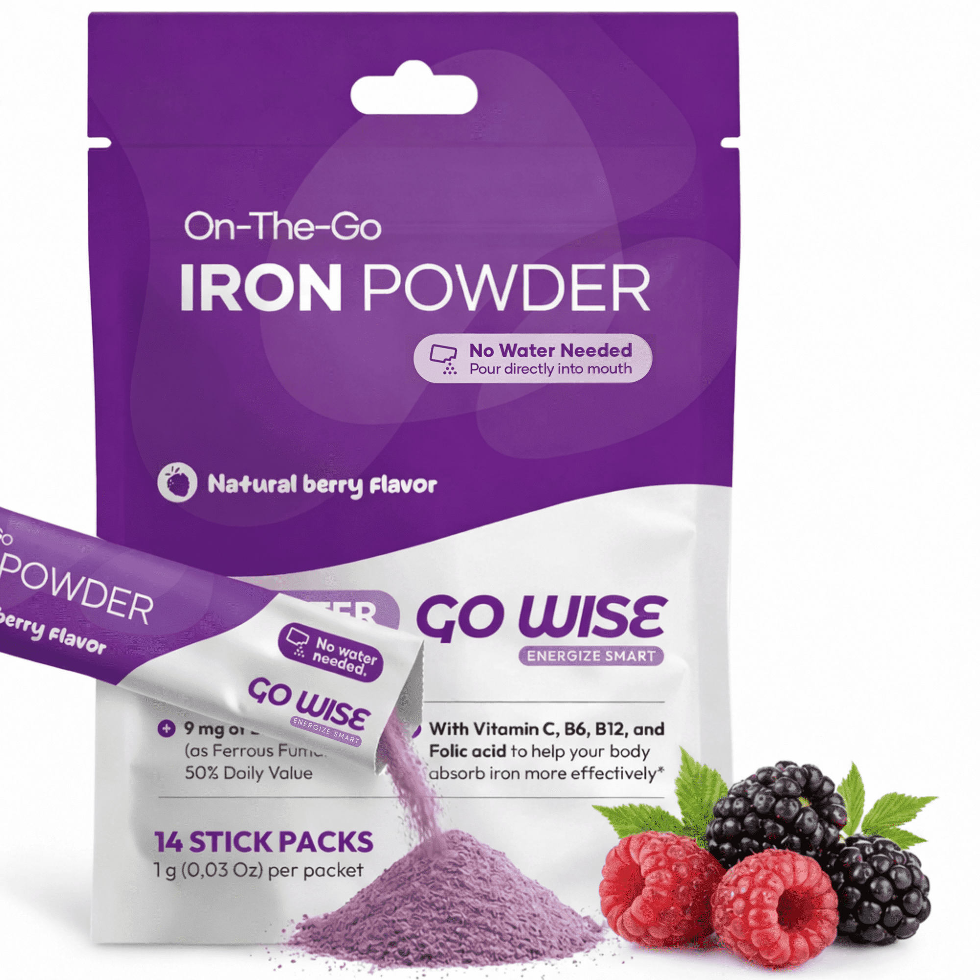 Go Wise Gentle Iron Supplement Powder for Women and Men with Vitamin C and Folic Acid, Vegan, No Water Needed, 14 Stick Packs, 0.62 oz