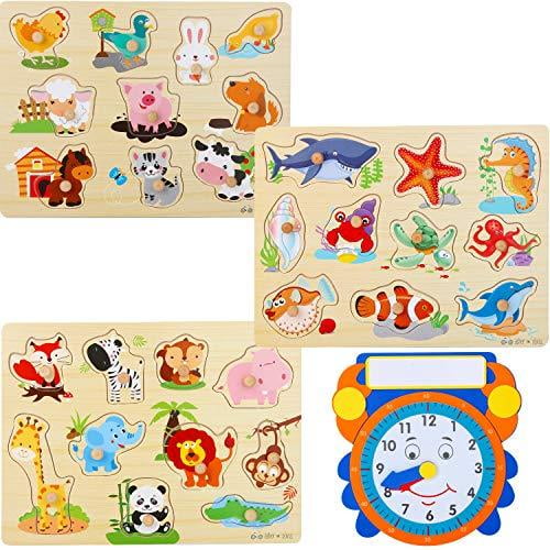 Wooden Peg Puzzles For Toddlers And Babies Ai Pack Of 3 With Learning Clock Animal Chunky Educational Preschool Puzzles For Toddlers 1 2 3 Year Old Kids Boys Girls Babies 12 18 36 Month Walmart Com