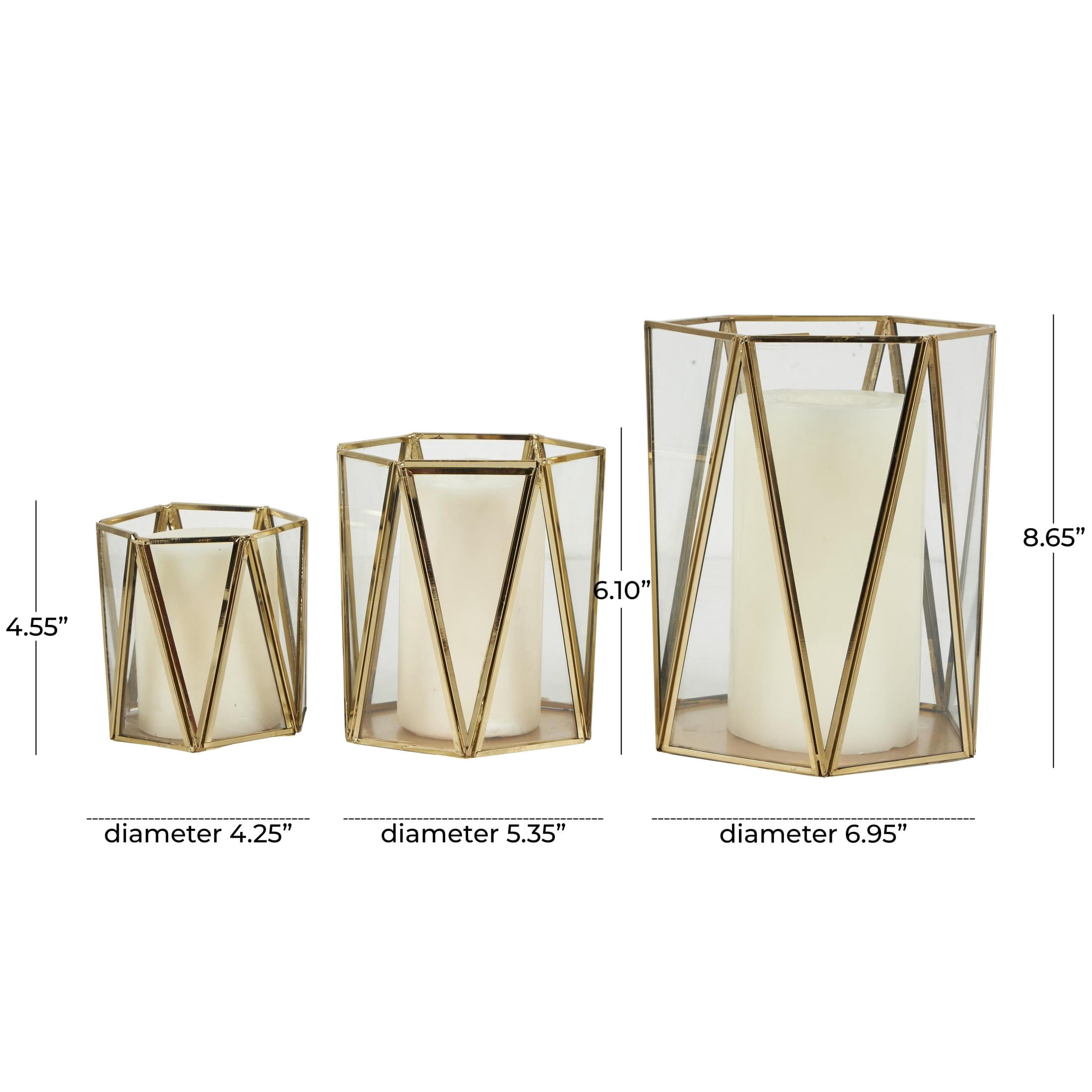 CosmoLiving by Cosmopolitan 3 Holder Gold Metal Geometric Triangle Patterned Hexagon Candle Lantern with Clear Glass, Set of 3