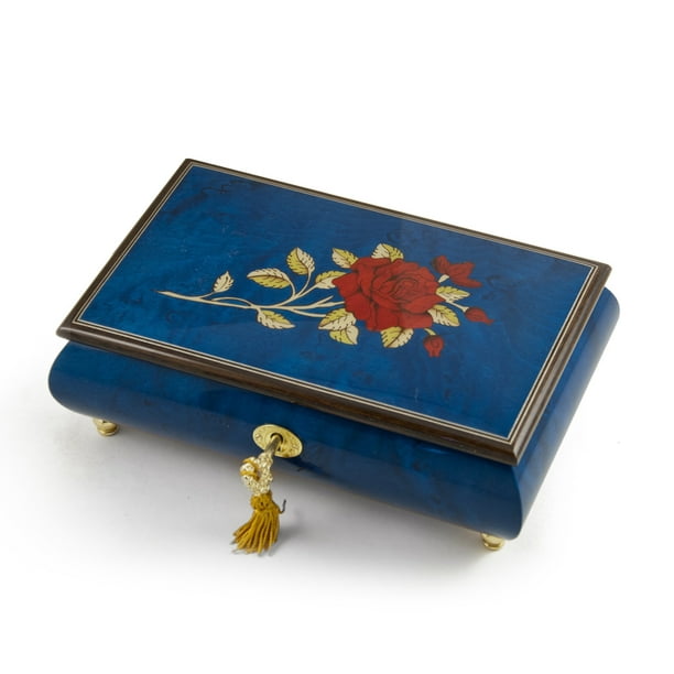 Radiant Royal Blue Italian Musical Jewelry Box with Red Rose Inlay