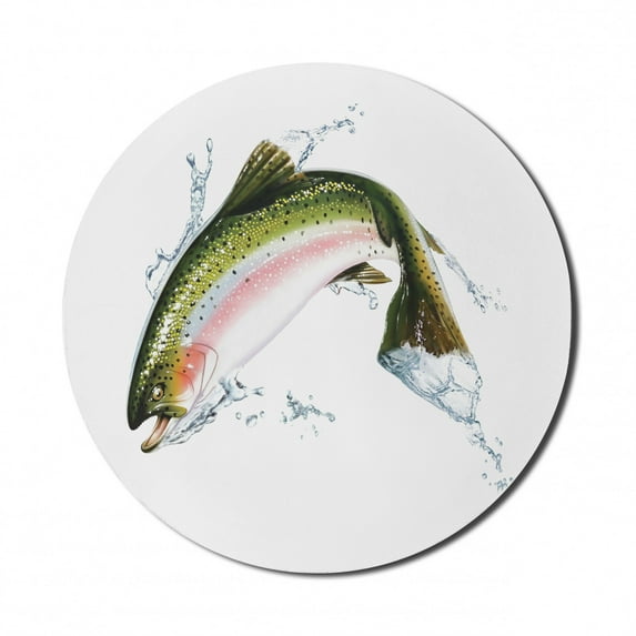 Fish Mouse Pad for Computers, Salmon Jumping out of Water Making Splashes Cartoon Design Photorealistic Airbrush, Round Non-Slip Thick Rubber Modern Mousepad, 8" Round, Multicolor, by Ambesonne