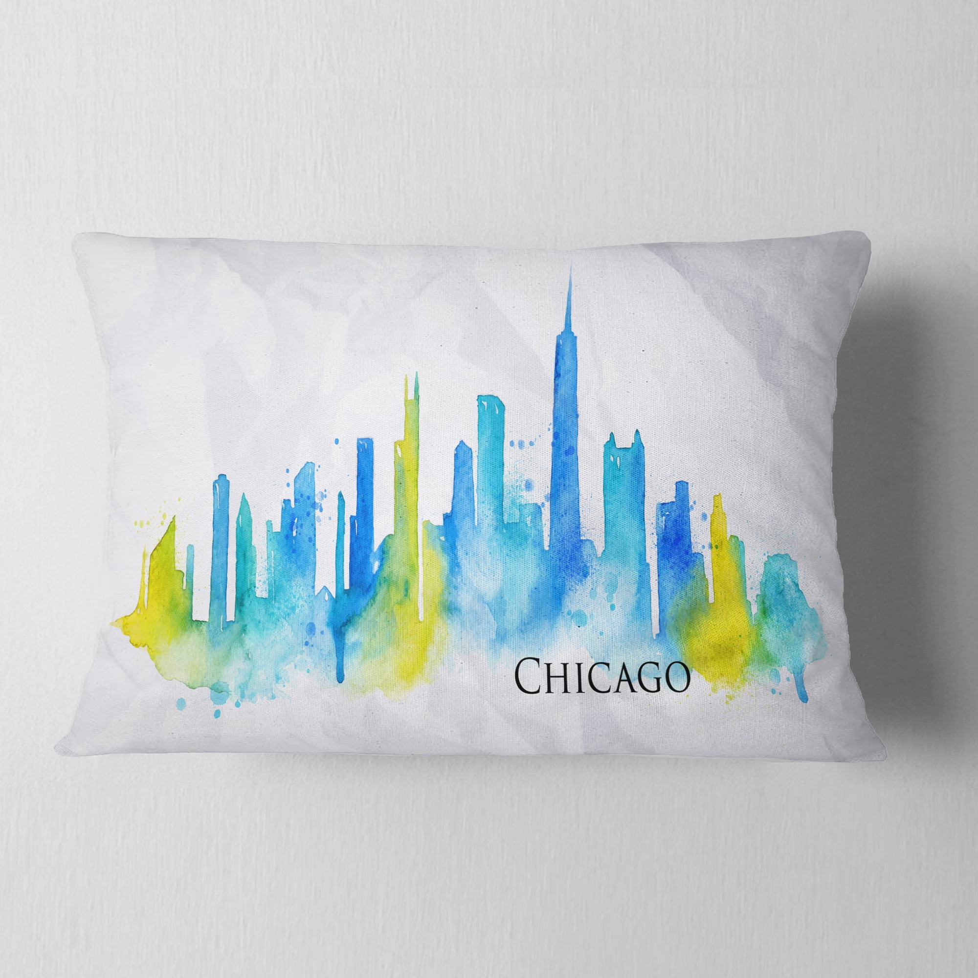 Designart Chicago Blue Green Silhouette - Cityscape Throw Pillow - 12x20