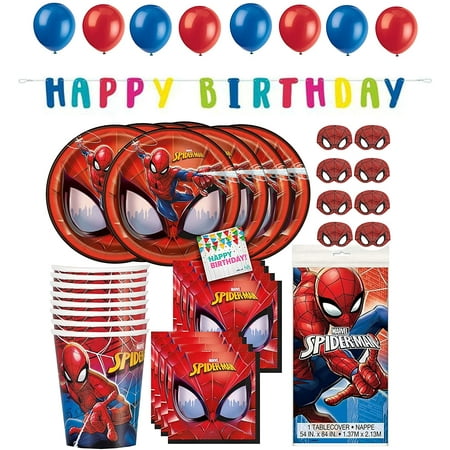 Hello Party! Spiderman Birthday Party Supplies for 16, Spiderman Birthday Decoration, Spiderman Party Decorations, Party Supplies Plates, Napkins, Tableware, Cups, Hanging Banner, Masks, Balloons