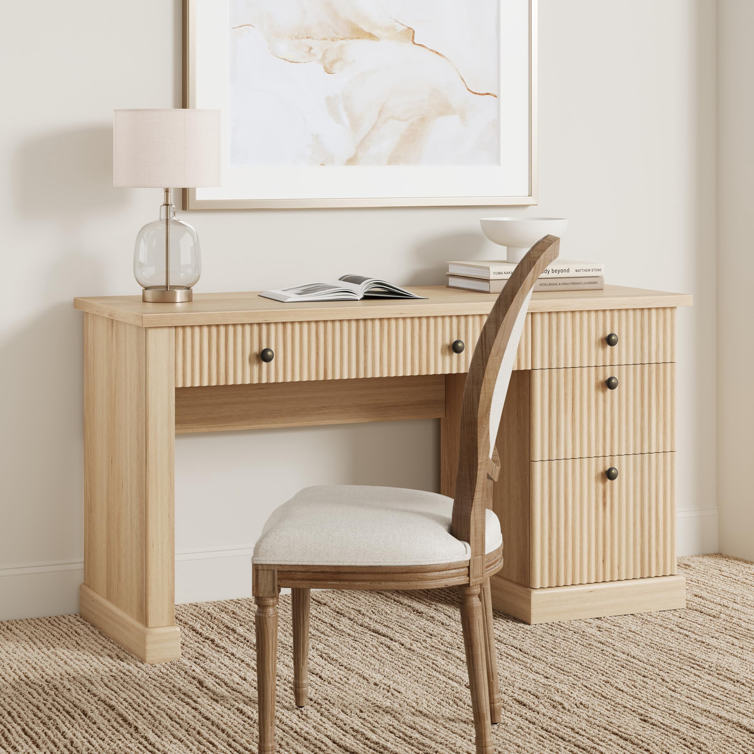 54" W Modern Executive Office Desk with Charging Station & File Drawers, Wooden Computer Desk with Fluted Details, Home Office Storage Desk for Study & Bedroom-|Natural