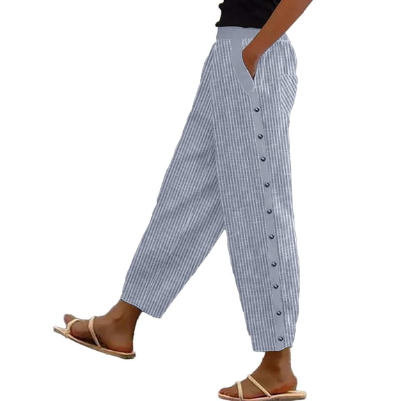 Flmaly Wide Leg Pants Woman Womens Casual Wide Leg Pants High Waiste Ladies Fashion Striped Printed Side Button Elastic Waist Ninth Pants Button Down Straight Long Trousers