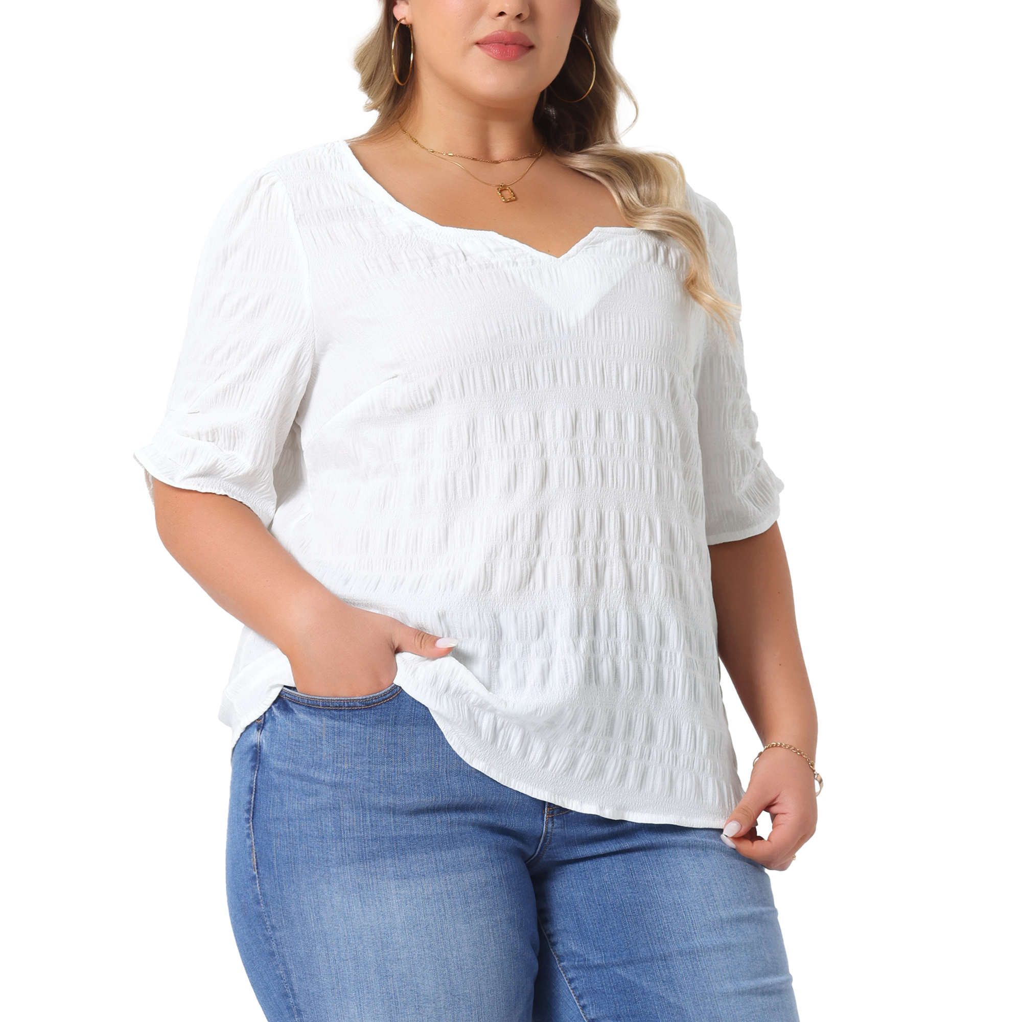 DARING DIVA Women's Plus Textured Notched V Neck Blouse 3X White