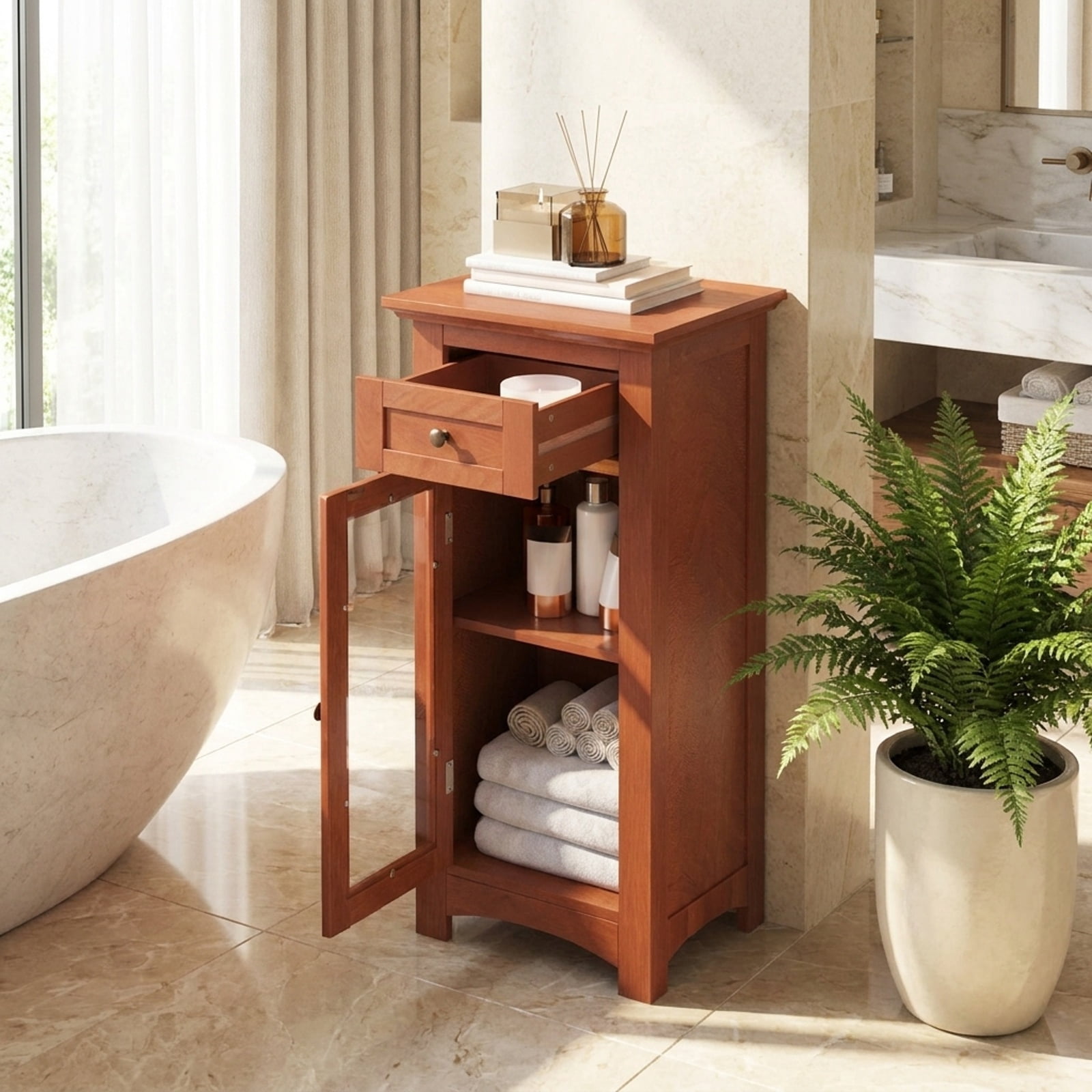 Vebreda Freestanding Bathroom Storage Cabinet, Bathroom Freestanding Storage Cabinet with Single Glass Door, Sturdy Glass Door