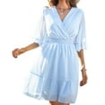 thumbnail image 3 of Vestido De Manga Acampanada, Vestido De Poliéster Con Cuello En V, Cintura Elástica, Suave, Lavable Para Compras Y Citas ANGGREK Azul claro S, 3 of 6