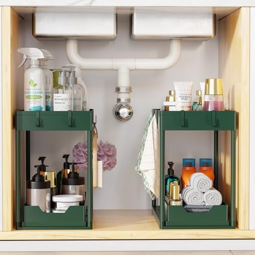 Under Sink Organizer 2 Pack, Sink Pull-Out Sliding Storage Cabinet, 2-Tier Under Shelf Organizer for Kitchen Bathroom, Green