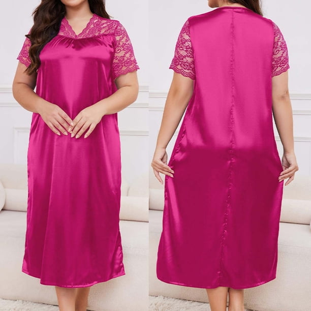 Camisón largo de seda helada para mujer, ropa de dormir holgada, informal, de color liso, con manga corta y costuras de encaje, de poliéster