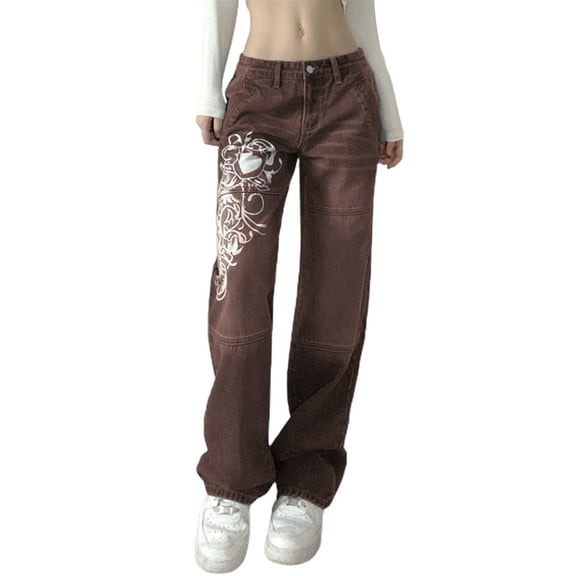 Women Y2K Wide Leg Jeans Baggy High Waisted Vintage Printing Wide Leg Denim Pants Loose E-Girl Trousers Streetwear