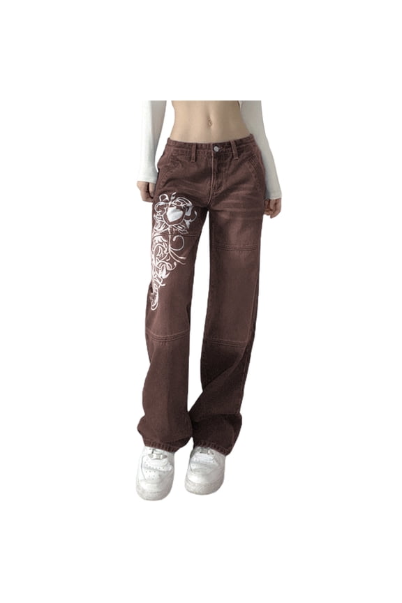 Women Y2K Wide Leg Jeans Baggy High Waisted Vintage Printing Wide Leg Denim Pants Loose E-Girl Trousers Streetwear