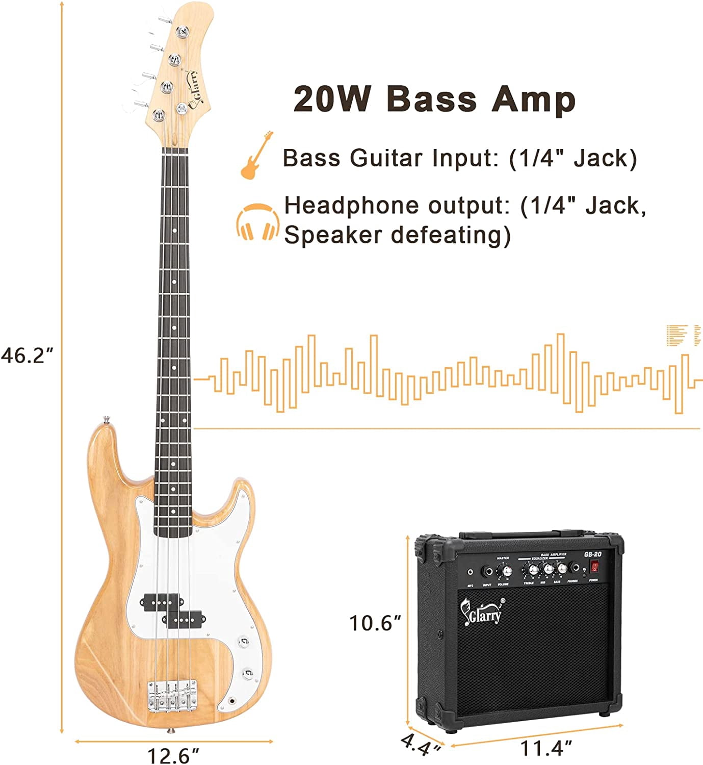 GLARRY Full Size Electric Bass Guitar with 20W AMP, 4 String Beginner Starter Kit with Accessories including Cable, Strap, Bag for Kids and Adults (Burly Wood)