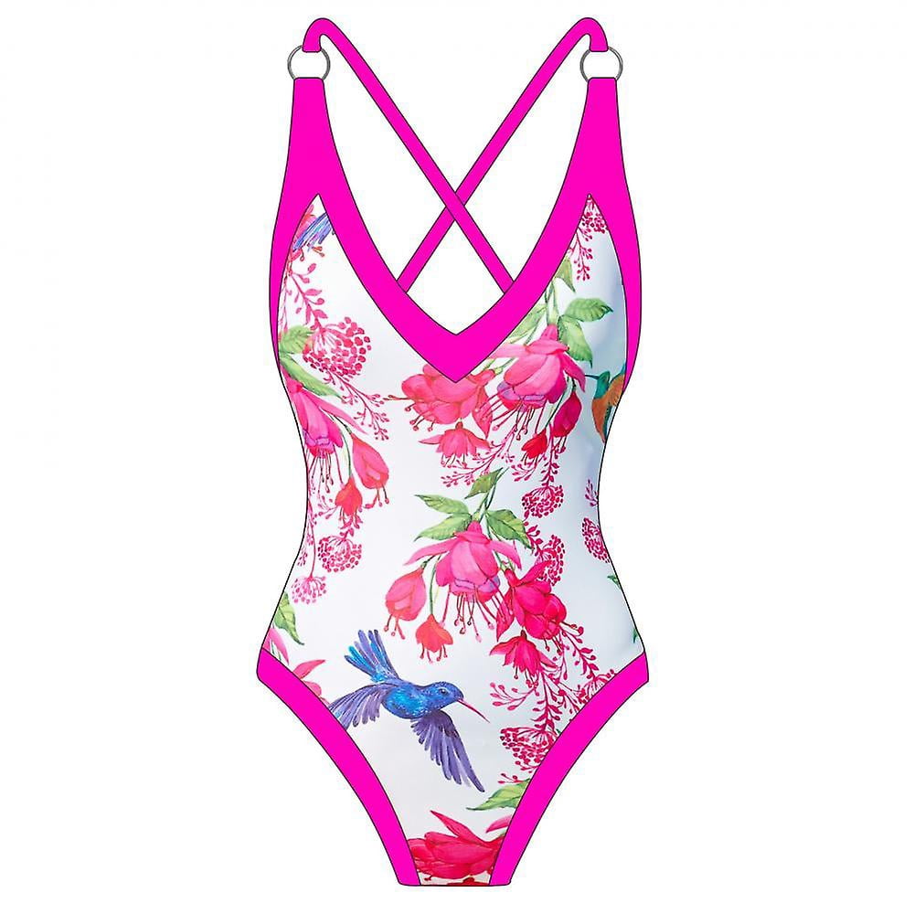 Women's One-piece Bikini, Shoulder Straps Small Circle Decoration Retro Back Cross Backless Tight Swimsuit, Pink (L)