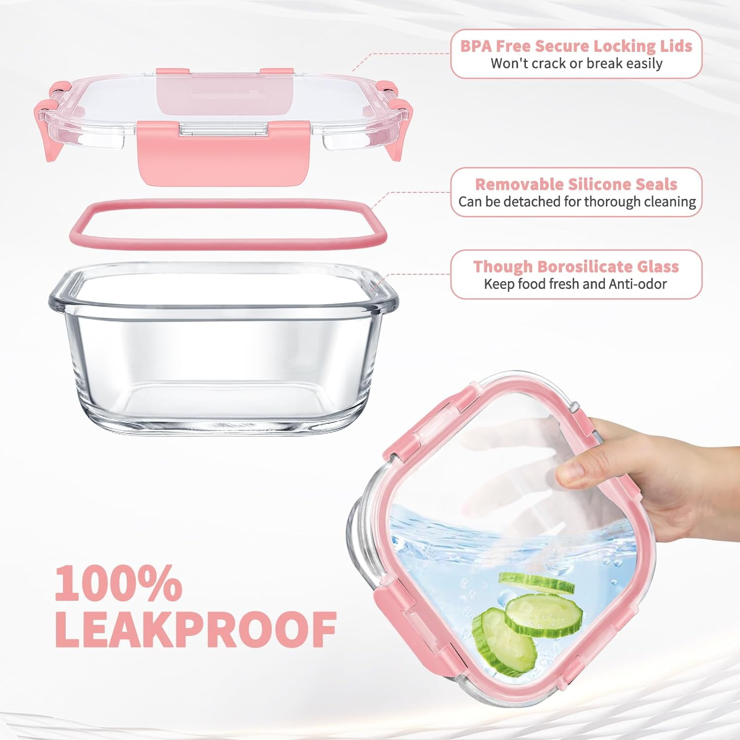 34pcs Glass Food Storage Containers with Lids Set, Airtight Meal Prep Containers (17 Containers & 17 Lids), Pink