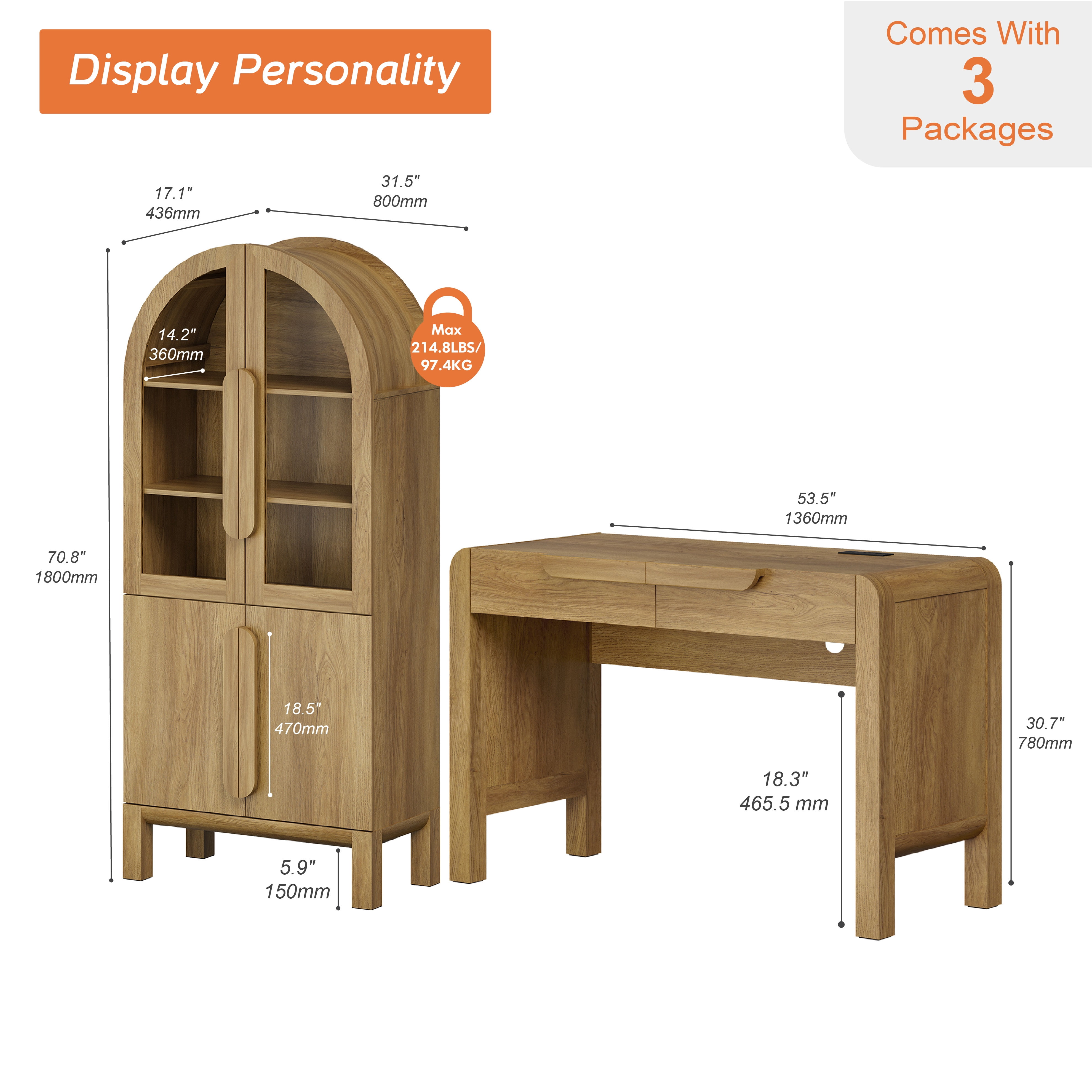 2 Piece Office Set, 47" Modern Executive Desk with Charging Station and Drawers & 71"H Tall 3-Tier Arched Bookcases with Glass Door for Living Room, Bedroom, Home Office