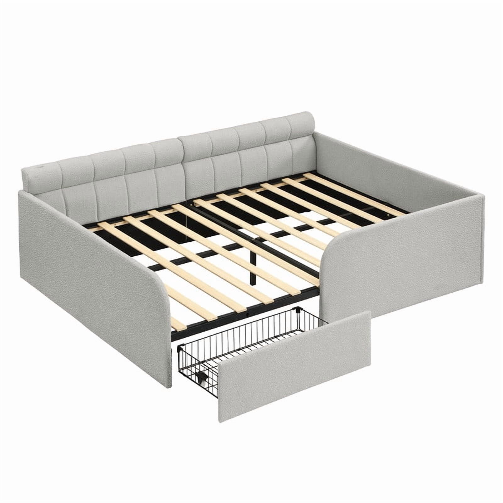 Full Size Boucle Daybed with Metal Drawer on Wheels, Storage Platform Bed Frame with Guardrails, Upholstered Low Profile Bed
