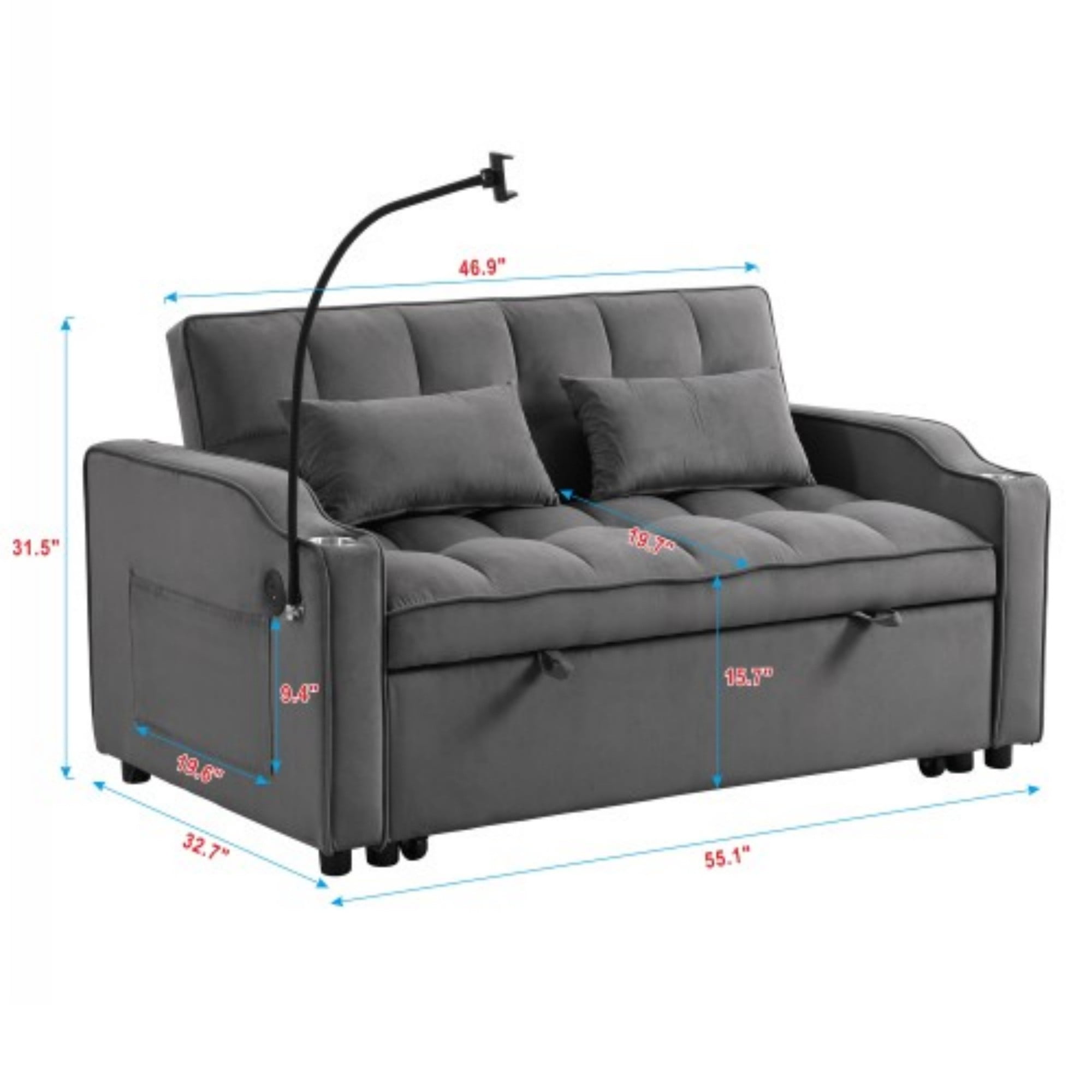 Velvet Loveseat Sofa Bed, 3-in-1 Convertible Sleeper Couch with USB Ports & Pullout Bed, Dark Gray