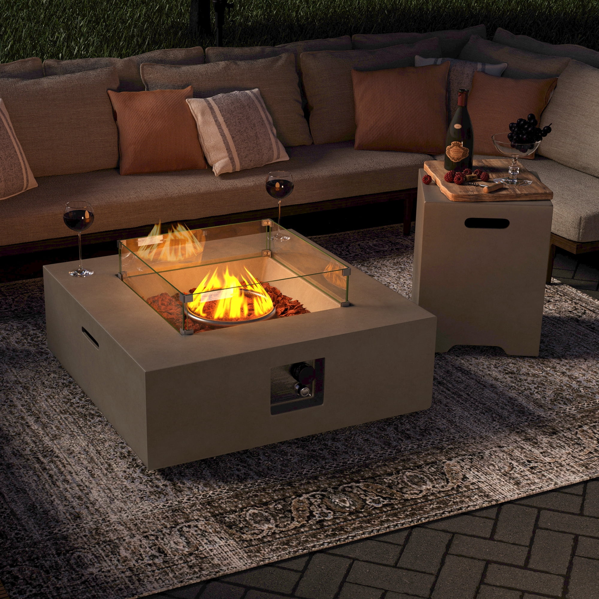 VENTOPYR 35''Outdoor Square Propane Fire Pit Table with Tank and Wind Guard