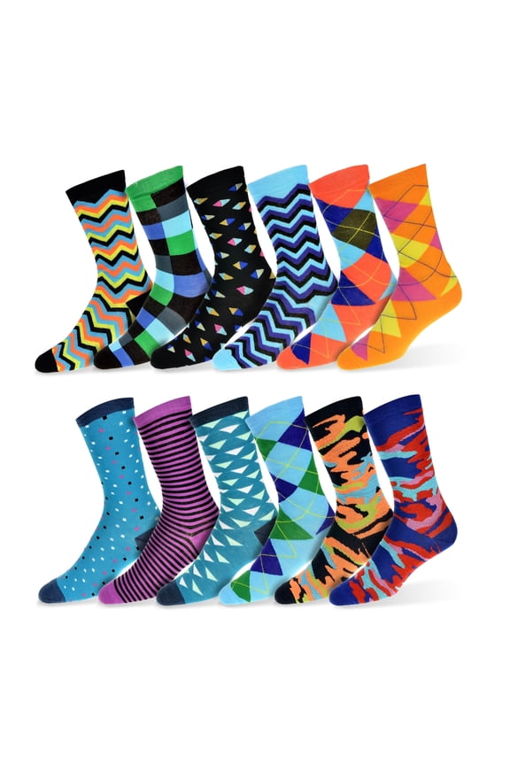 Men's Fun Funky and Colorful Patterned Dress Socks with Cool and Crazy Designs -12 Pack