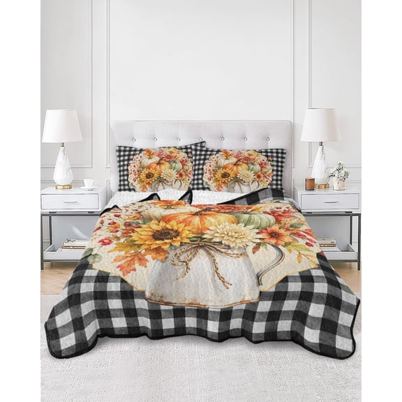 Twin Quilt Bedding Set Thanksgiving Fall Pumpkins Summer Quilt Lightweight Quilted Coverlet with 2 Pillow Shams, Black White Plaid Background 3-Piece Bedspread Quilt Set for All Season