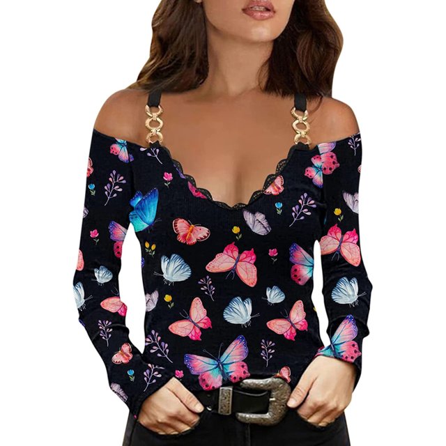 Tops de mujer con cuello en V y hombros descubiertos con estampado de flores y mariposas, blusa informal Pompotops gfhjh22342