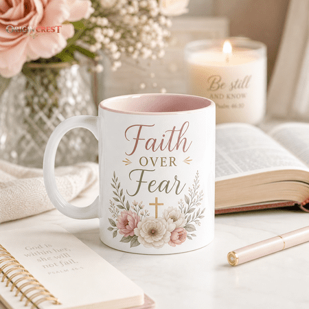 Faith Over Fear Personalized Mug, Christian Woman Coffee Cup Gift
