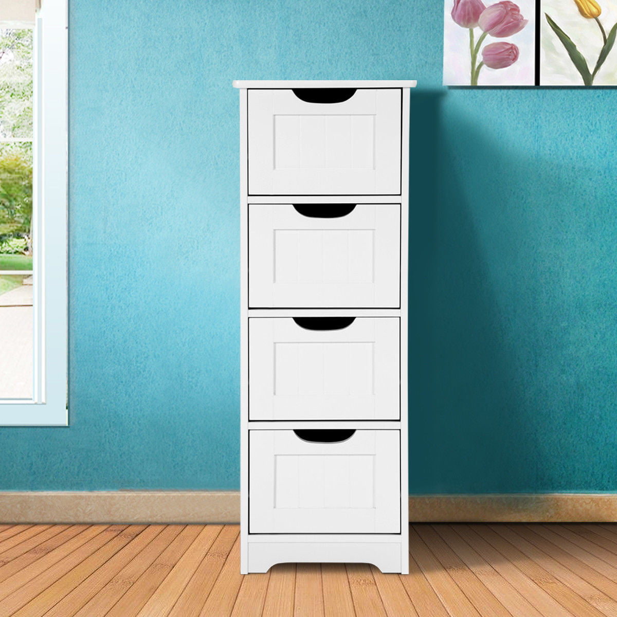 Costway White Floor Storage Cabinet, Bathroom Floor Cabinet Storage Organizer With 4 Drawers Free Standing