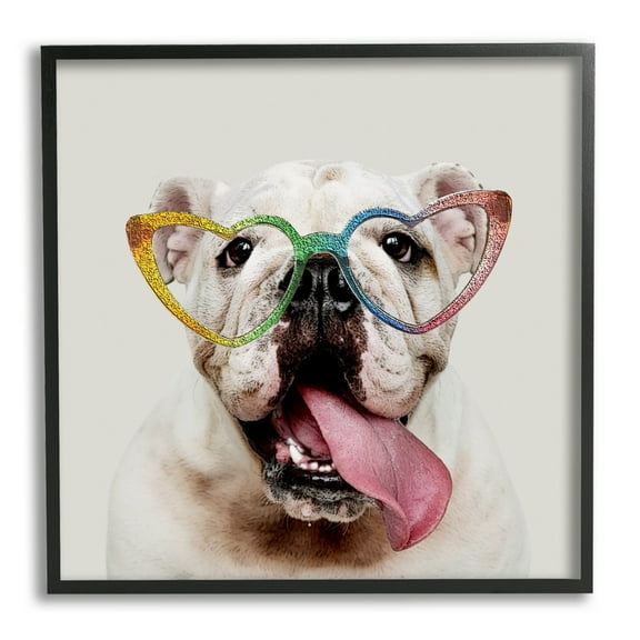 Stupell Happy Bulldog Rainbow Heart Glasses Animals & Insects Painting Black Framed Art Print Wall Art