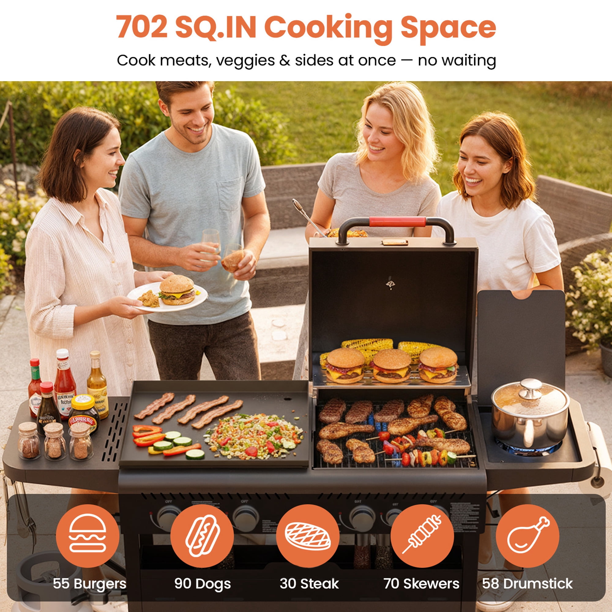 50,000 BTU Grill and Griddle Combo, 702 SQ.IN Cooking Space, Non-Stick Porcelain Enamel Grates, for Backyard BBQ, Outdoor Cooking