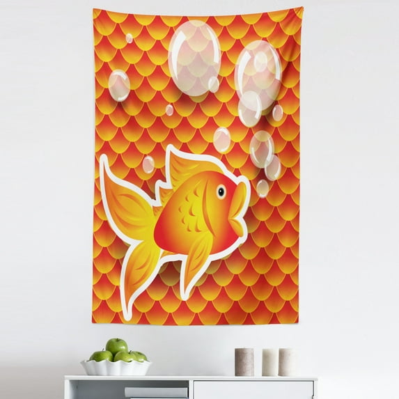 Orange Tapestry, Small Goldfish Talking with Bubbles Random Scallop Patterns Nautical Sea Print, Fabric Wall Hanging Decor for Bedroom Living Room Dorm, 5 Sizes, Burnt Orange, by Ambesonne
