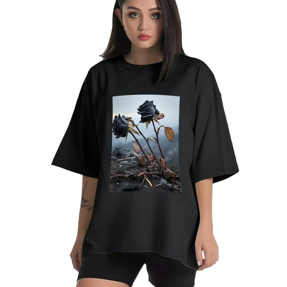 Plus Size Shirt for Women Black Tops for Women Short Sleeves Shirt for Women Roses T Shirt Crewneck Shirt for Women XS