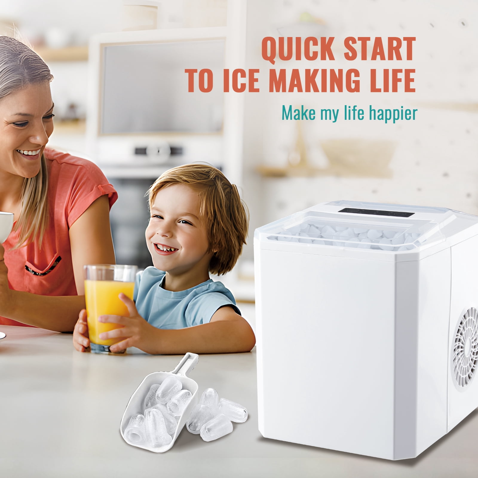 WANAI Ice Maker Countertop 26 lbs/24H 9 Ice Cubes Ready in 6-8 Minutes Small & Large Ice Cubes White