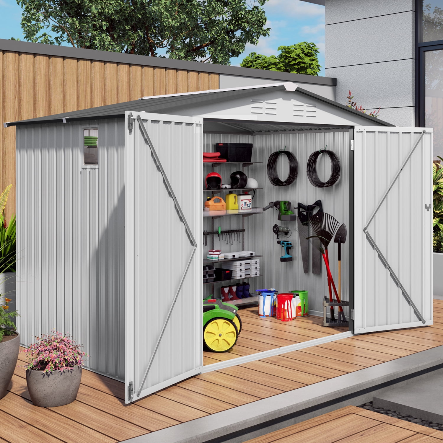 8X6 FT Metal Outdoor Storage Shed, Tool Shed with Pitched Roof Waterproof with Side Window and Lockable Door, Metal Tool Shed