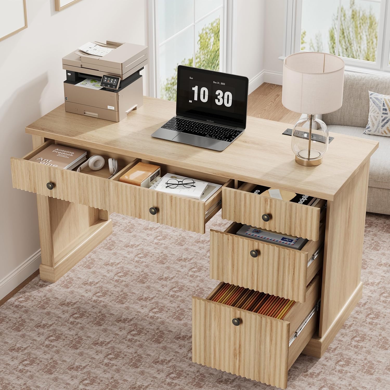 Modern 54" Fluted Home Office Desk with Charging Station, Wooden Executive Writing Desk, File Drawers for Study Room, Office Storage Solution