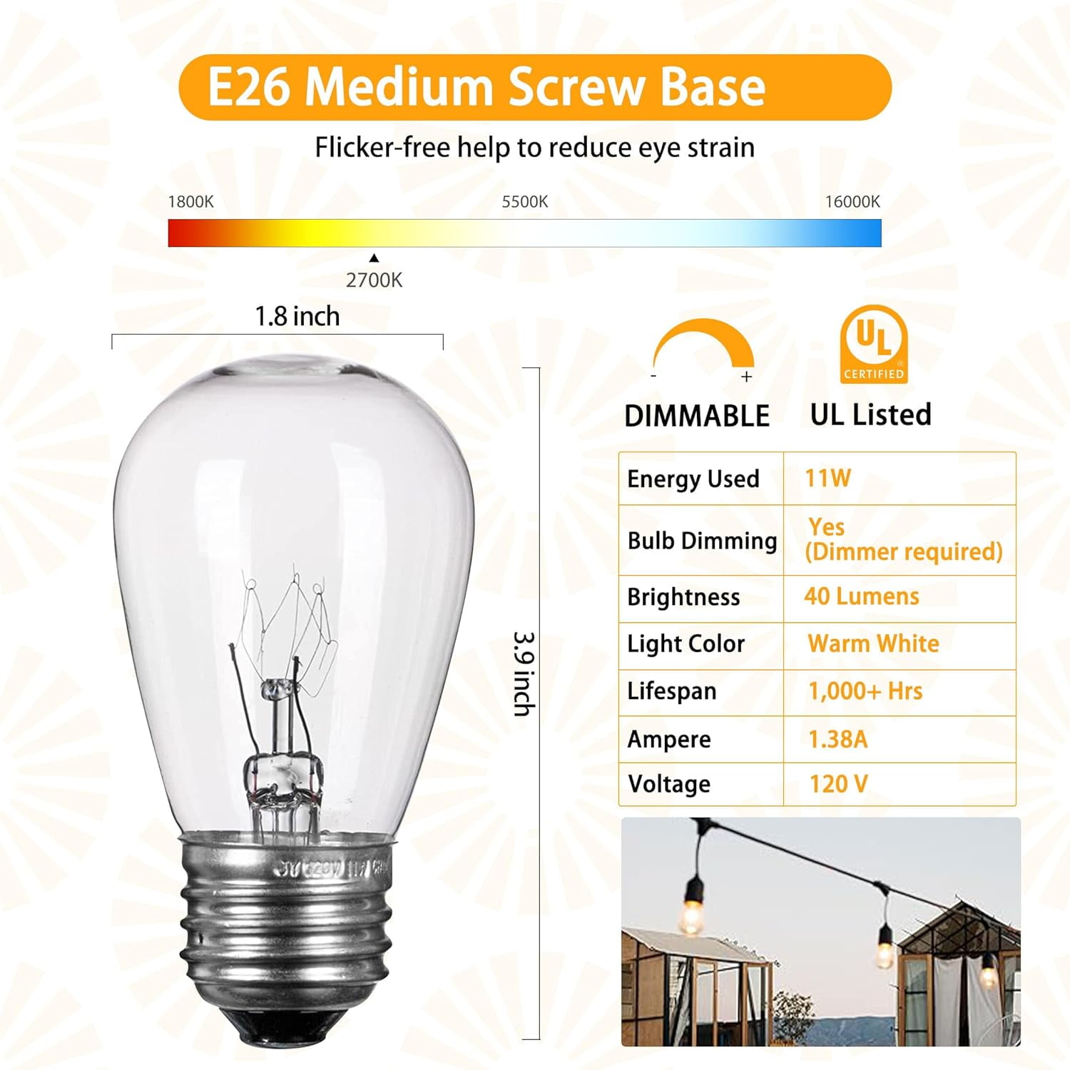 26 Pack S14 Incandescent Light Bulbs - 11W 2700K Warm White, Waterproof Glass, Dimmable E26 Edison for Outdoor String Lights, Patio Lighting & Replacement Bulbs, UL Listed