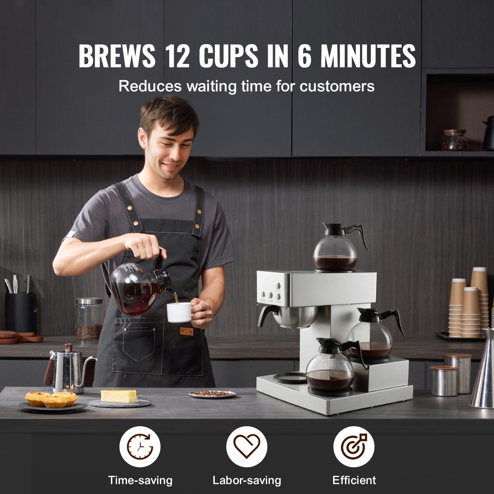 KFFKFF Commercial Drip Coffee Maker, 12-Cup Machine with 4 Glass Carafes and 4 Warming Plates, Stainless Steel Brewer for Restaurants, Offices, Cafes, and Homes