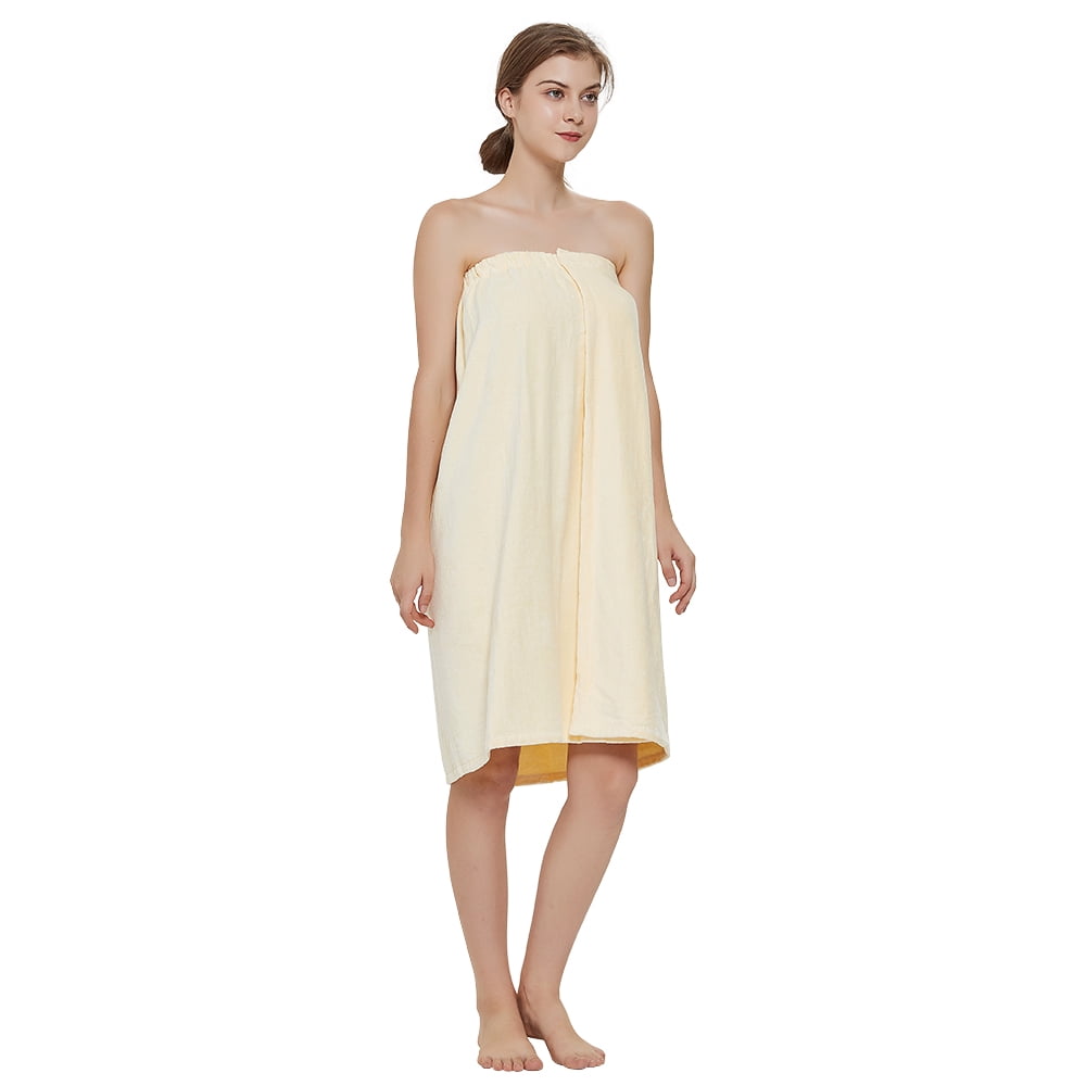 Toptie Women's Cotton Terry Spa Shower Bath Towel Wrap-Light Yellow-S/M