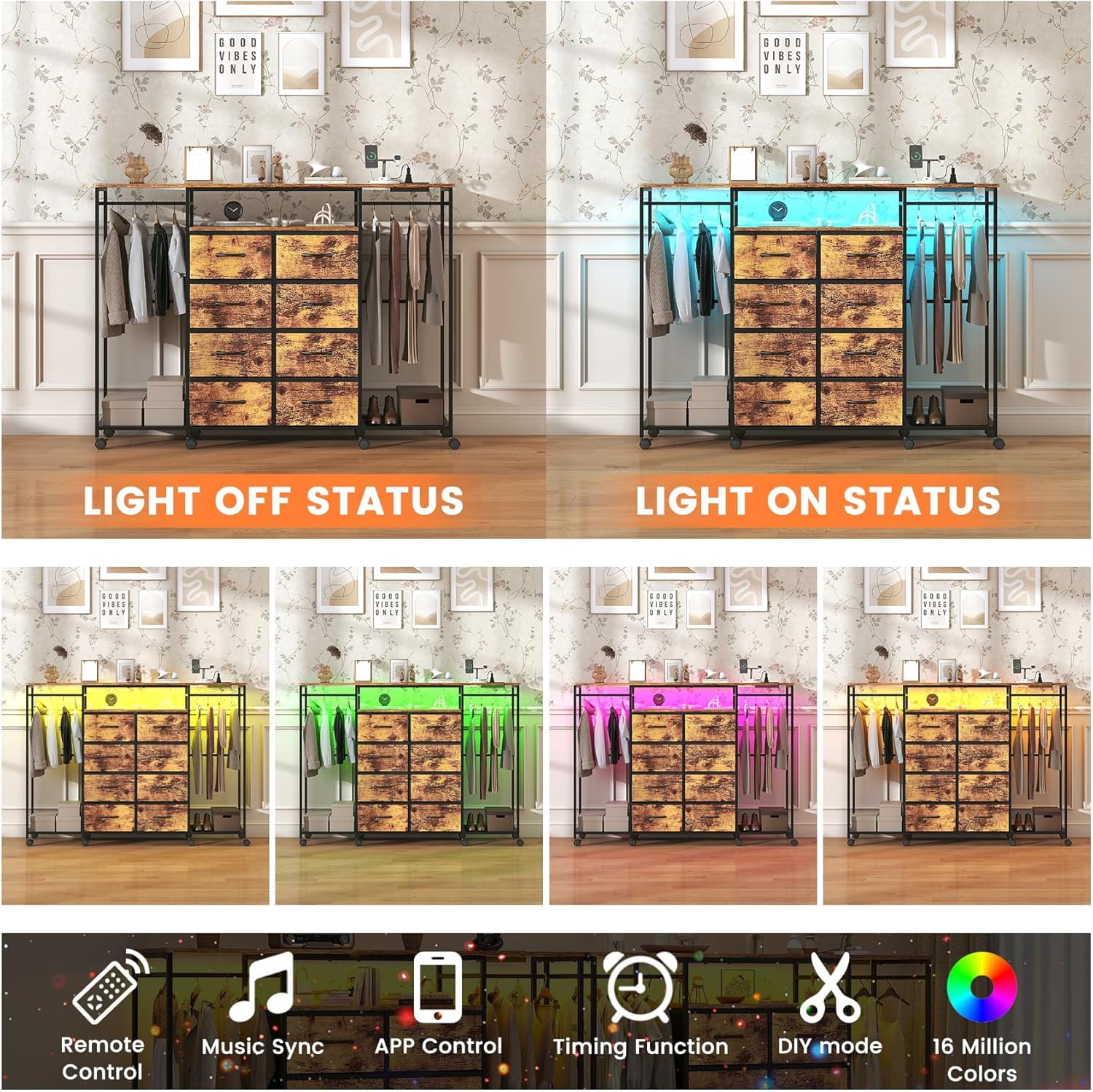 Winkalon Dresser with Clothes Rack 8 Drawer Dresser with Clothing Rack for Hanging Clothes Brown Dresser with Fabric Drawers & Charging Station