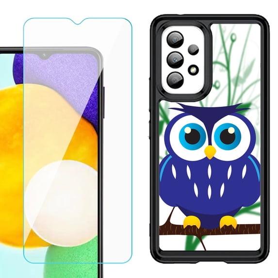 Shockproof Bumper (Black Frame) phone Case for Samsung Galaxy A23 5G, with Tempered Glass Screen Protector, by OneToughShield ® - Blue Owl