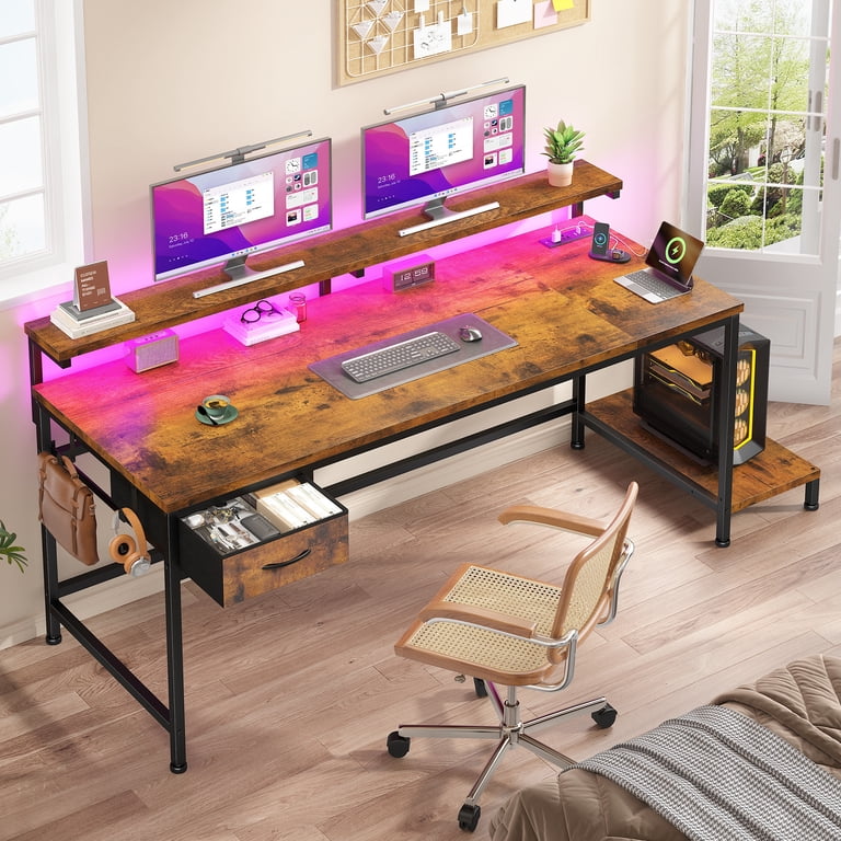 Romorgniz Corner Gaming Desk with Power Outlet, Brown photo 7