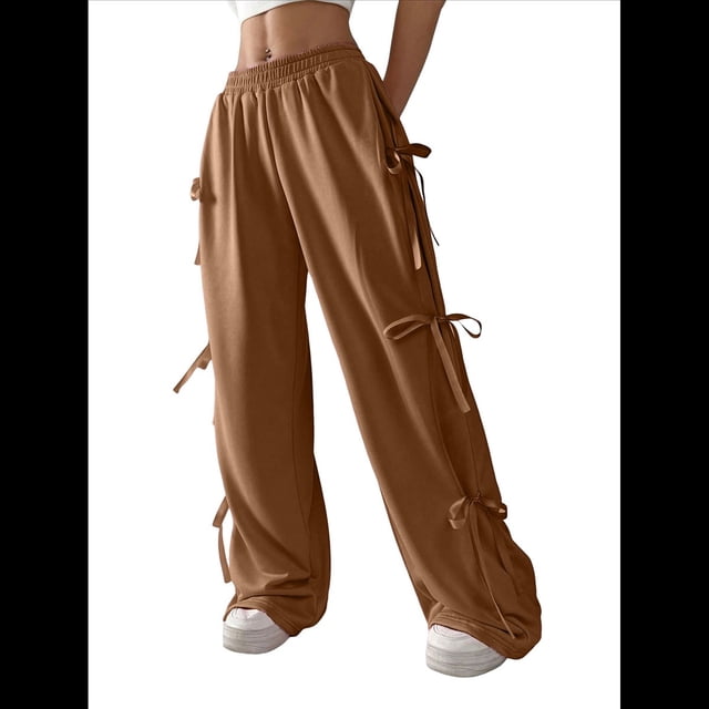 Pantalones Deportivos Holgados para Mujer, con Cintura Elástica, Informales, de Pierna y Bolsillos, Estilo Y2K Marrón M