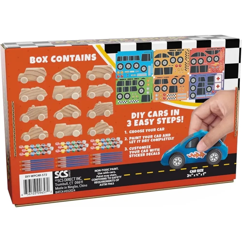 Kids Party Wood Painting Craft Kits (12ct) 3D Cars - Each Kit Has its Own Brush, Paint, & Figure- 6 Designs Include Taxi, Trucks & More w Bonus Customizable Sticker Decals- Party Activity Favor Gift