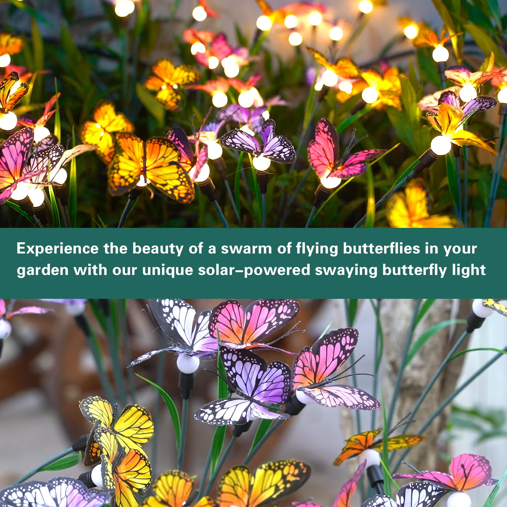Binsuca Solar Garden Lights, Newest Swaying Butterfly Light, Swaying in The Wind, Solar Outdoor Lights, Yard Patio Pathway Decoration, High Flexibility Iron Wire & Realistic Butterflies(4 Pack)