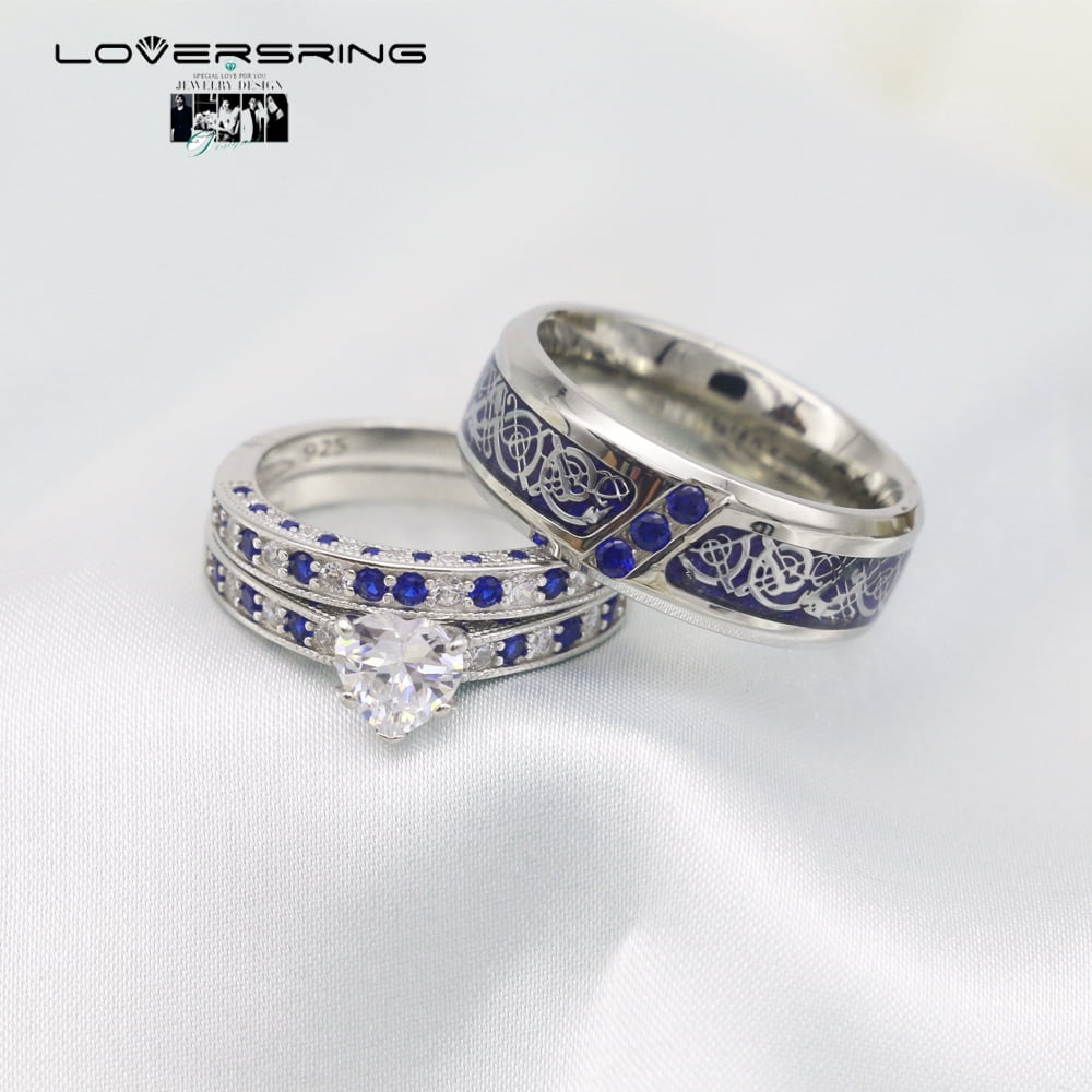 His Hers Sterling Blue Sapphire CZ Bridal Wedding Band  ICEETHON MAISON Swiss Blue CZ Stainless Steel Women\'s Wedding Ring Size 9 main image 2