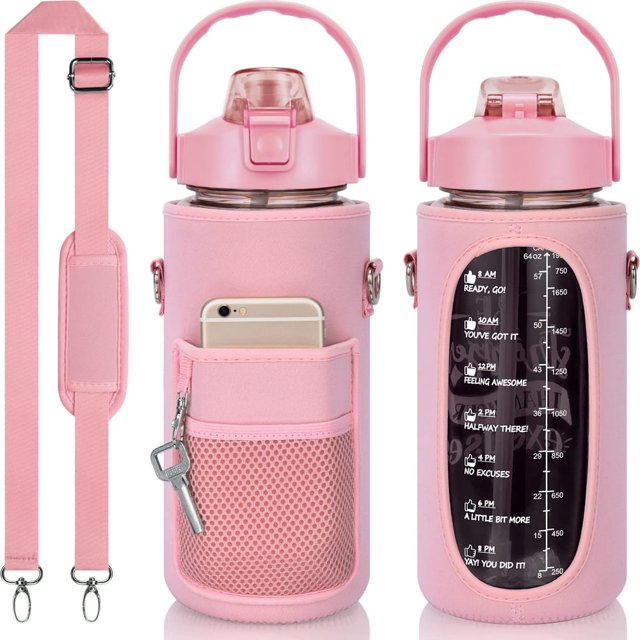 HLONK Half Gallon Water Bottle with Sleeve & Strap 64 OZ Water Bottle Motivational with Straw & Time Marker to Drink Leakproof Tritan BPA Free Workout Gym Sport Water Jug Women Men with N