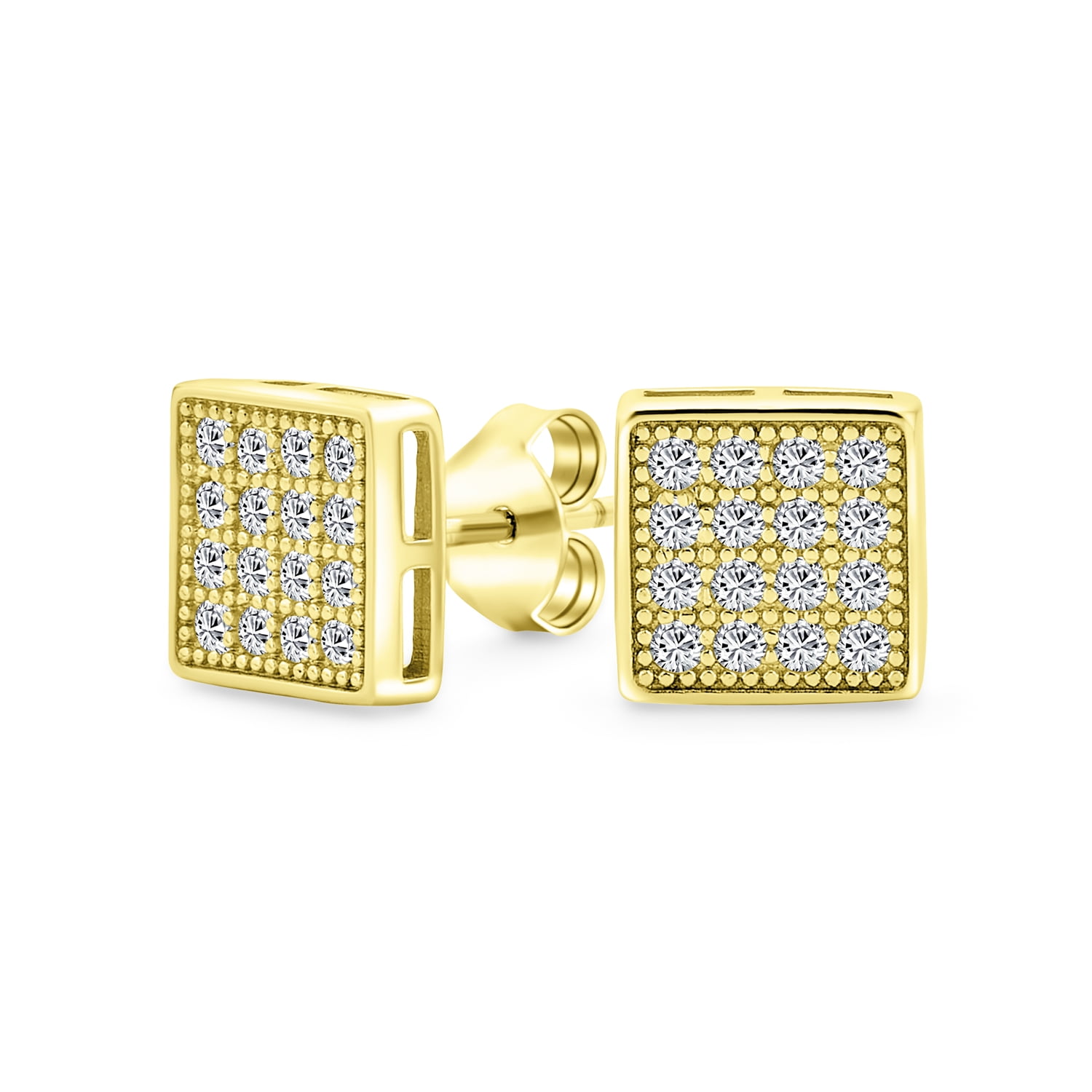 Gold Small 7mm Square Cluster CZ Stud Earrings Unisex 