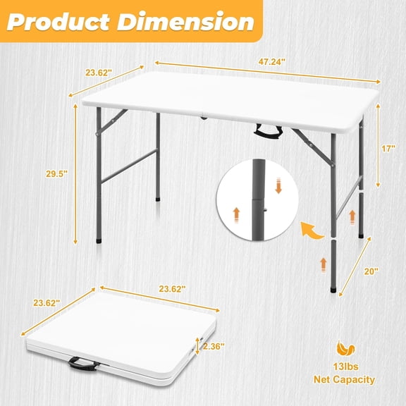 4ft Portable Folding Table, Indoor Outdoor Plastic Dining Table w/Handle, Fold-in-Half Utility Foldable Table for Camping, Picnic and Party, White