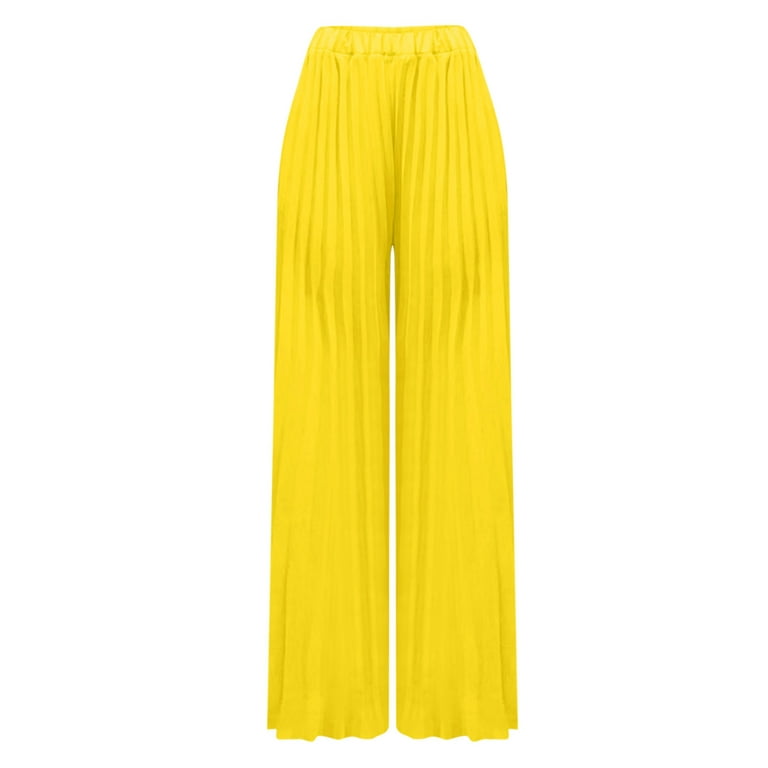 Palazzo Pants for Women Wide Leg High Waist Loose Fit Trousers Casual Flowy  Ruffle Dress Pants with Pockets (Medium, Yellow)
